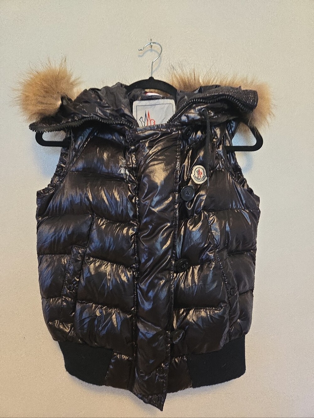 Moncler Grenoble Down Puffer Vest Fur Lined Hood Black Womens Size 1 US Small - Picture 1 of 15